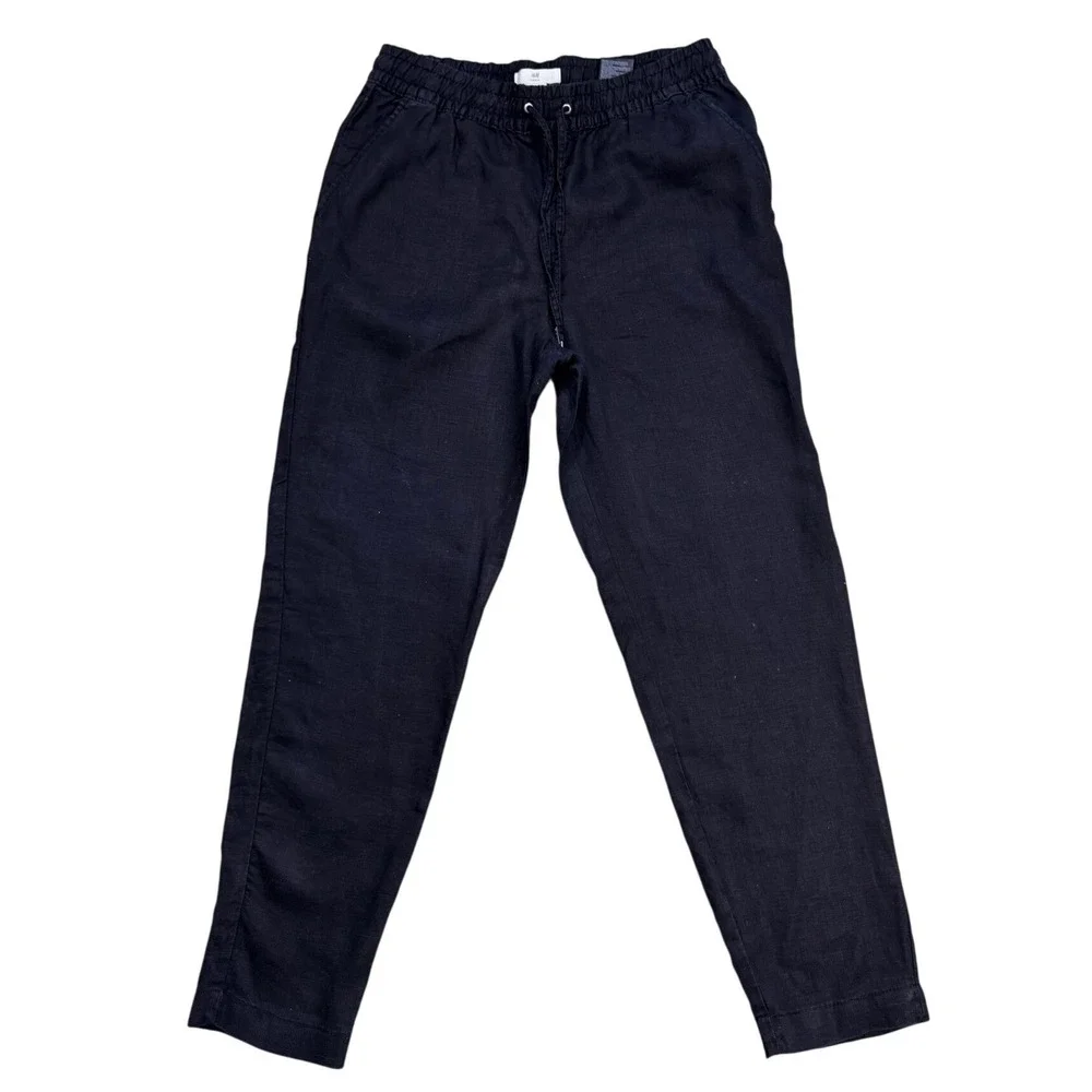 H&M Linen Drawstring Pants 4 Black Casual Lightweight Pull On Womens Relaxed